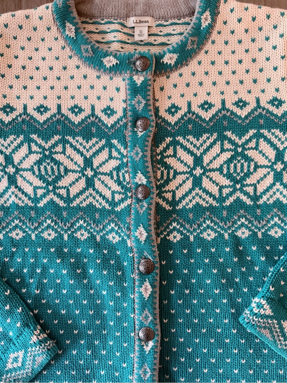 L.L. Bean Fair Isle Nordic Cardigan Sweater 100% Cotton size XL - Picture 2 of 8